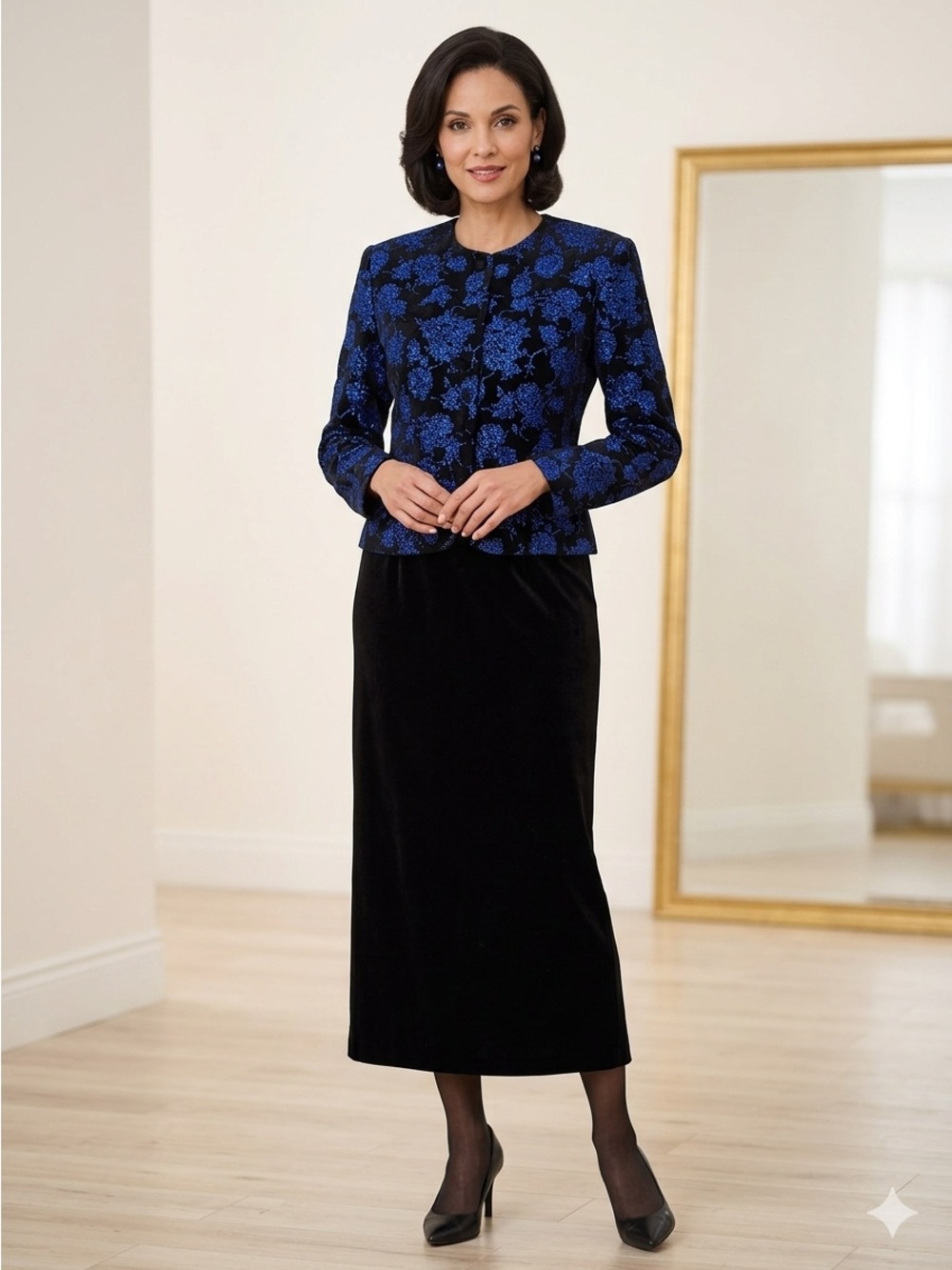 Norton McNaughton Blazer & Skirt Set Black Blue Floral Glitter 16/18